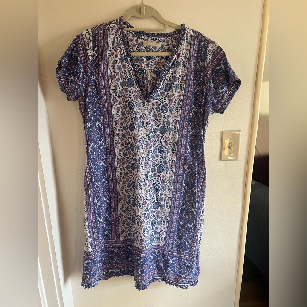Lola Australia 100% Cotton Block Print Blue Purple White Women's Dress Large